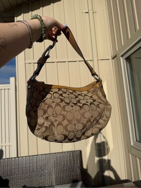 COACH Y2K Signature Hobo Shoulder Bag Khaki Canvas Leather Purse